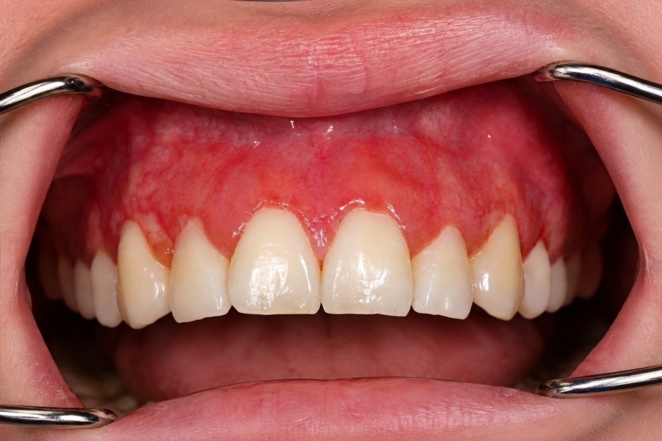 Stark erythematöse Gingiva, marginal weißlich-gelbe Läsionen